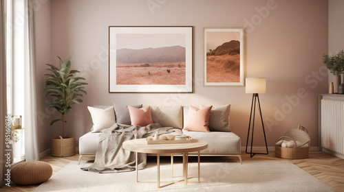 Bohemian Interior Design Style living room in pastel colors mock-up with frame for picture generative ai