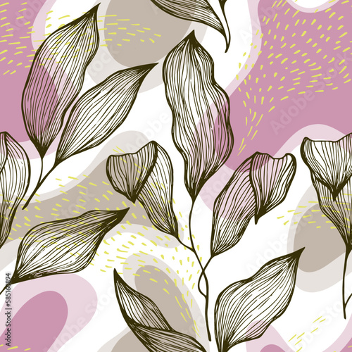 Sketch style doodle line texture leaves over stains and dots seamless vector ...