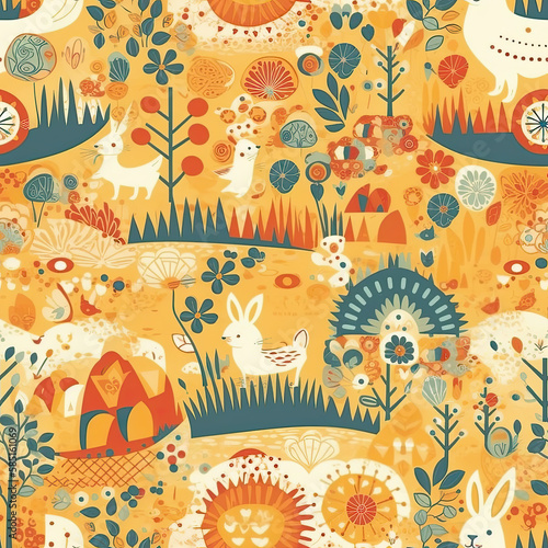 Easter sunshine seamless pattern with sunny warm weather. AI generated. photo