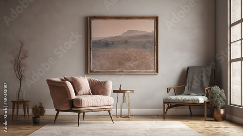 Bohemian Interior Design Style living room in pastel colors mock-up with frame for picture generative ai