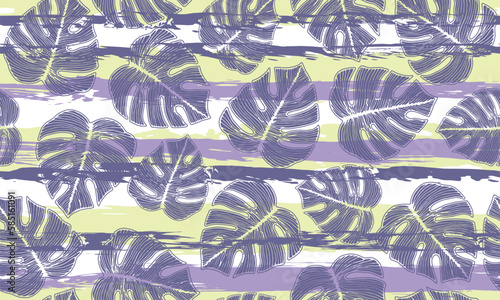 Monstera bush foliage floral seamless rapport over stripes background.