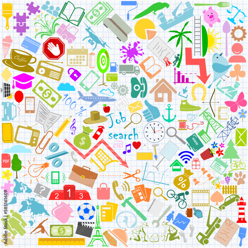 Vector background with school, travel and work icons. Work and travel concept.
Education and learning pattern. Vector background with school, travel and work icons. Work and travel concept.
Education and learning pattern.