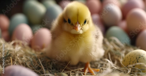 Cute Newbvorn Chick Next to Colorful Easter Eggs - Generative AI.