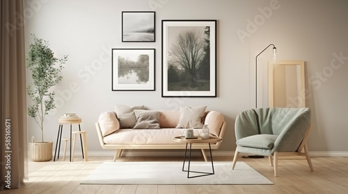 Bohemian Interior Design Style living room in pastel colors mock-up with frame for picture generative ai © Roman