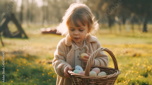 Young Female Child Gathering Colorful Easter Eggs Outdoors and Placing them In Her Basket - Generative AI.