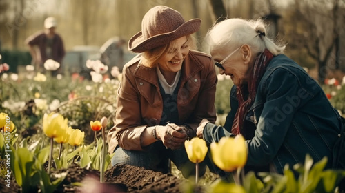 Elderly Grandmother Planting Some Spring Plants with Her Granddaughter In The Garden - Generative AI.