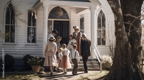 Several Young and Older People Arriving At A Neighborhood Church for Services - Generative AI. photo