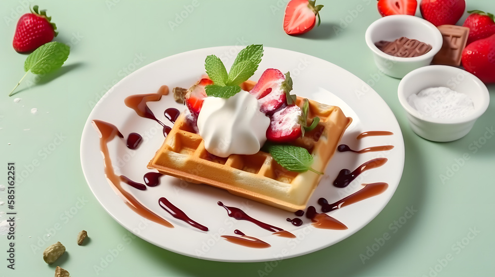 delicious viennese waffles with ice cream, strawberries and syrup on a white square plate and green background. flat lay.