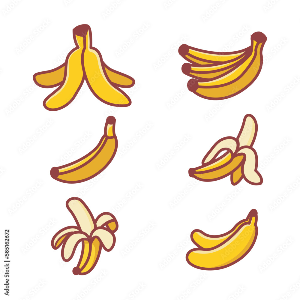 A set of cartoon banana illustrations: single, peeled and banana peel on the ground isolated on a white background. Flat style banana vector illustration design.  Musa paradisiaca.