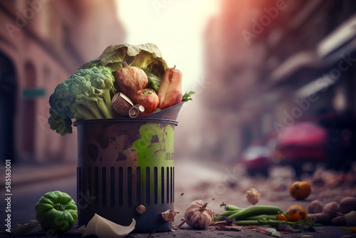 Uneaten unused spoiled vegetables thrown in the trash container. Food loss and food waste. Reducing wasted food, composting, rotten veggies in a trash. AI generated. photo