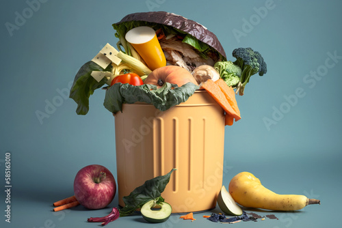 Uneaten unused spoiled vegetables thrown in the trash container. Food loss and food waste. Reducing wasted food, composting, rotten veggies in a trash. AI generated.