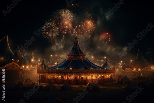 circus at night with fireworks in the background, Generative AI