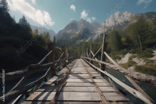 landscape view from a wooden bridge, Generative AI © scrawled soul