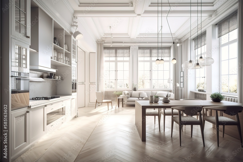 Luxurious interior design of white kitchen, dining room with windows and living room in one space, Generative AI