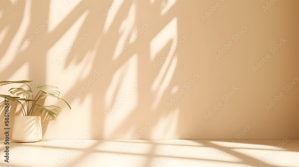 Fototapeta premium Minimalistic abstract gentle light beige background for product presentation with light andand intricate shadow from the window and vegetation on wall.