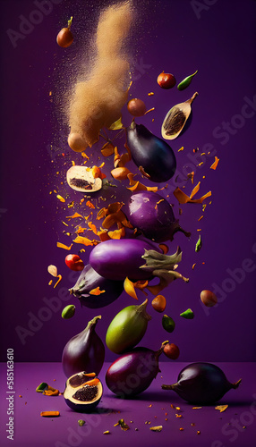 Group of Purple Eggplants Vegetable Creatively Falling-Dripping Flying or Splashing on Purple Background AI Generative photo