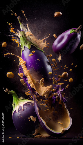 Group of Purple Eggplants Vegetable Creatively Falling-Dripping Flying or Splashing on Black Background AI Generative photo