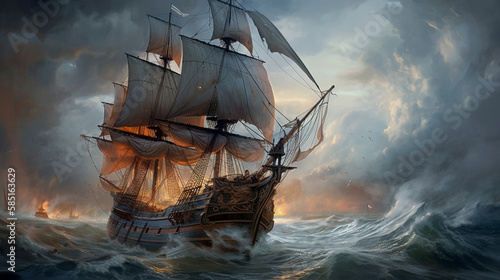 Oil painting with a tall ship in a stormy sea.