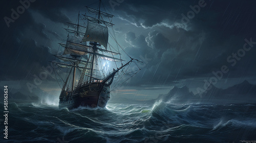 Oil painting with a tall ship in a stormy sea.