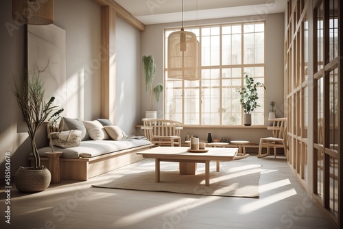 Modern interior japandi style design livingroom. Lighting and sunny scandinavian apartment with plaster and wood.   Generative AI