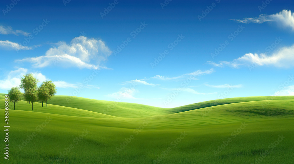 Green lush fresh spring landscape background wallpaper background illustration design with hills, blue sky, clouds and mountains. AI generated illustration.