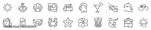 Beach activities and summer thin line icon set. Symbol collection in transparent background. Editable vector stroke. 512x512 Pixel Perfect.