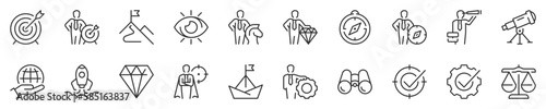 Mission, vision and values. Business concepts thin line icon set. Symbol collection in transparent background. Editable vector stroke. 512x512 Pixel Perfect.