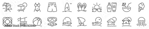 Beach activities and summer thin line icon set. Symbol collection in transparent background. Editable vector stroke. 512x512 Pixel Perfect.