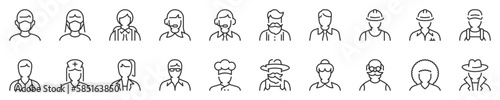 User interface and professions avatars thin line icon set. Symbol collection in transparent background. Editable vector stroke. 512x512 Pixel Perfect.