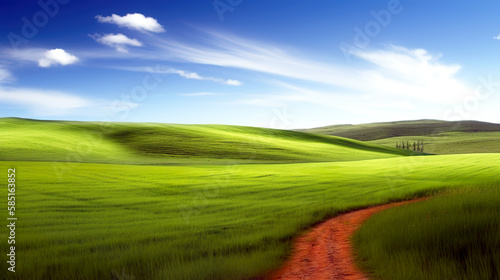 Green lush fresh spring landscape background wallpaper background illustration design with hills, blue sky, clouds and mountains. AI generated illustration. © Czintos Ödön