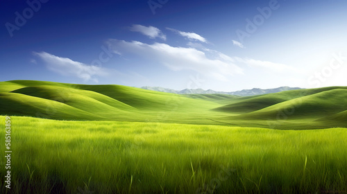 Green lush fresh spring landscape background wallpaper background illustration design with hills, blue sky, clouds and mountains. AI generated illustration.