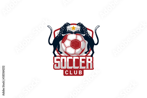 Soccer logo design, two cheetahs hugging the ball modern football team vector symbol