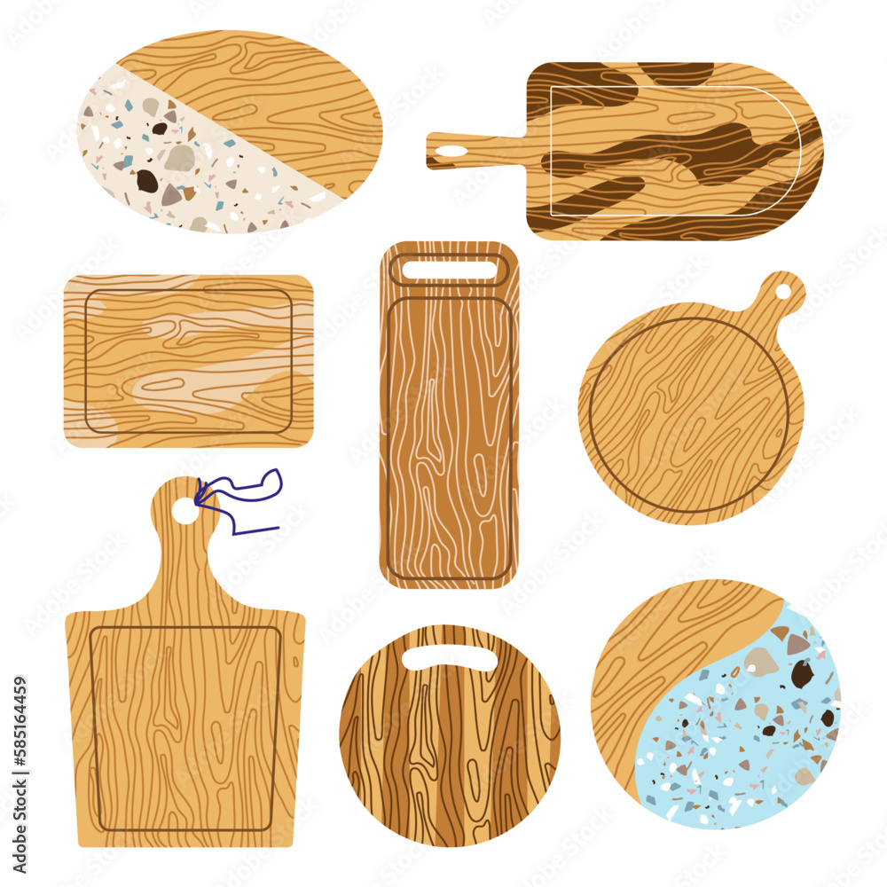 Set of wooden cutting boards isolated on a white background. Used as a layout for menus, postcards, posters, banners, web design and t-shirt printing. Set of wooden cutting boards isolated on a white background. Used as a layout for menus, postcards, posters, banners, web design and t-shirt printing.