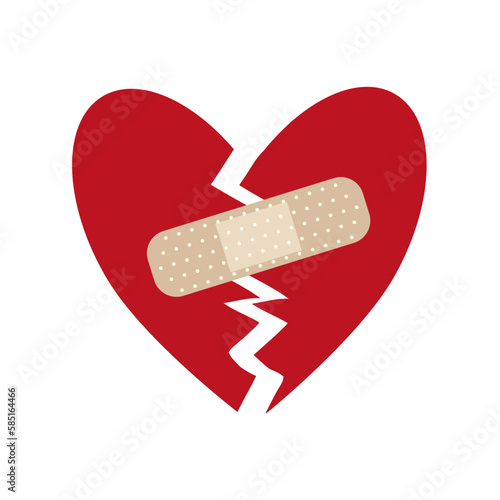 Broken heart with a patch on the crack. Repair and restore a broken heart with a band-aid, therapy with love. Vector illustration, nice print for postcard and t-shirt