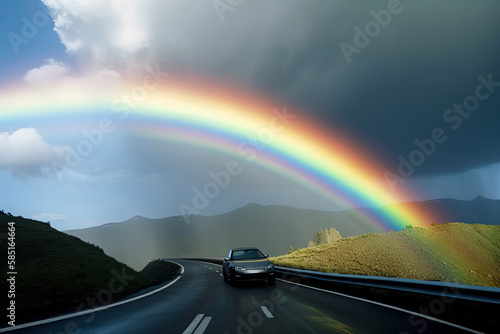 A car driving with rainbow background. AI generative. © chandlervid85
