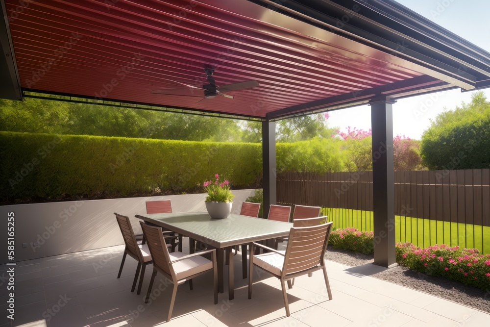 Modern patio furniture include a pergola shade structure, an awning, a patio roof, a dining table, seats. Generative AI