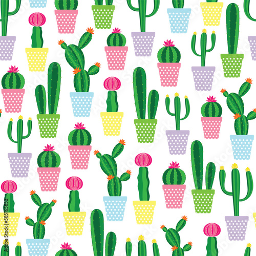 Vector illustration. Colorful potted cacti  seamless repeat pattern. Best for kids clothing, nursery décor and wallpaper.