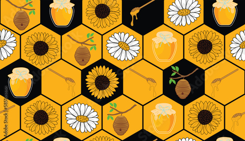 Vector illustration. Honey bee themed pattern with honey jar, honey comb, dipper, hive on a branch of tree, sunflower and daisy seamless repeat pattern. Best for wallpapers. 