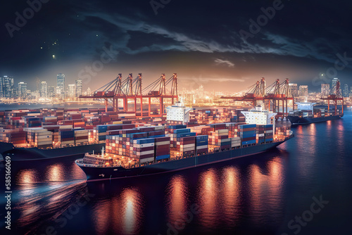 Container storage at the port using modern technology at night. Cargo ship import export global business trade. Container freight transport in the industrial port. AI generated illustration.