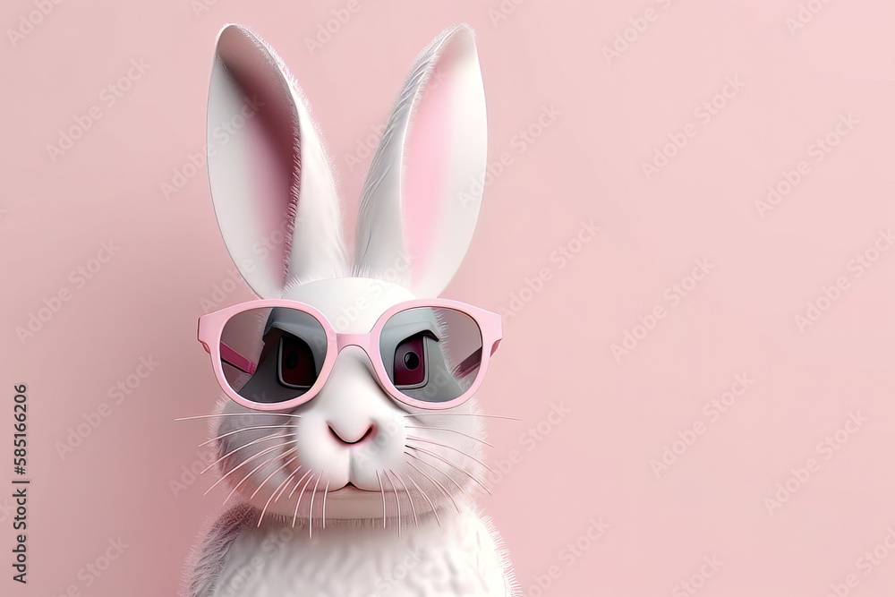 Cute bunny with sunglasses on pink background with copy space. Generative AI