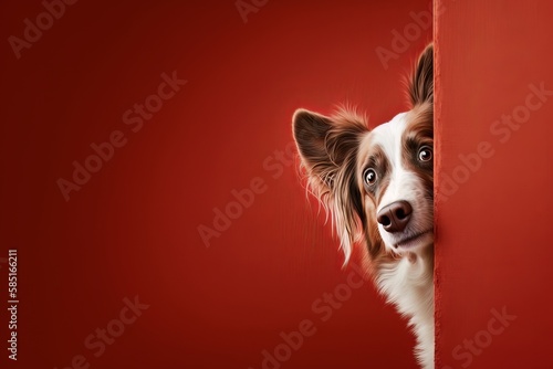 Dog peeking behind a corner. Red background with blank space for text. Generative Ai photo