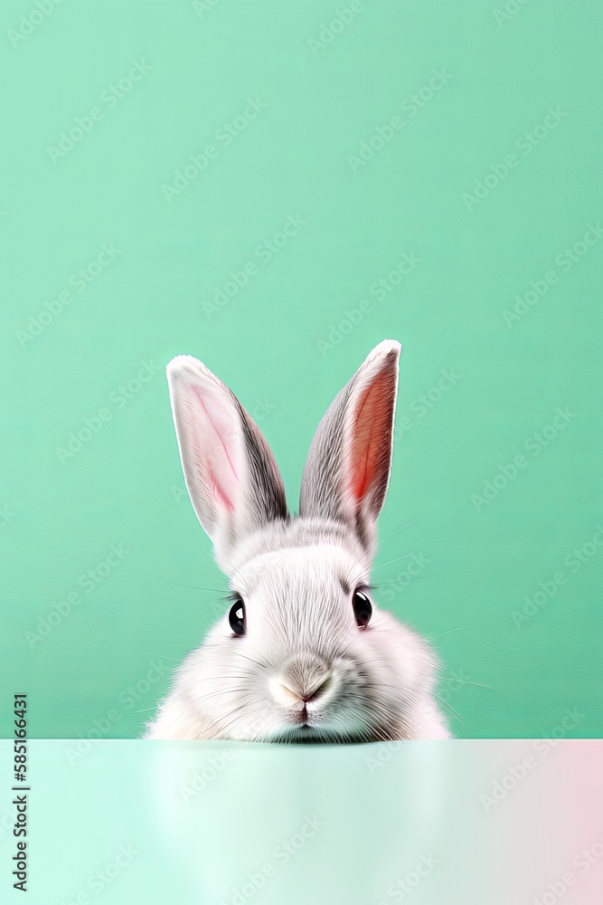 Cute bunny on colorful background with copy space. Generative AI