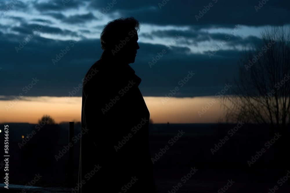 A man stands in front of a sunset with the sun setting behind him, generative ai image A man stands in front of a sunset with the sun setting behind him, generative ai image