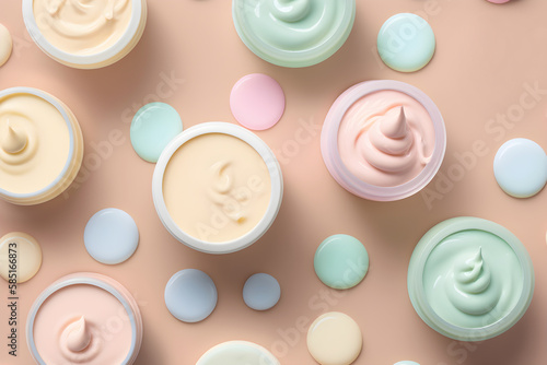 Cosmetics packaging with fresh pastel tones. Generative Ai