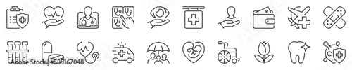 Health insurance coverage thin line icon set. Symbol collection in transparent background. Editable vector stroke. 512x512 Pixel Perfect.