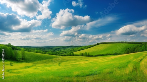  Green lush fresh spring landscape background wallpaper background illustration design with hills, blue sky, clouds. AI generated illustration.