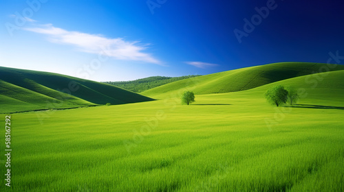  Green lush fresh spring landscape background wallpaper background illustration design with hills, blue sky, clouds. AI generated illustration.