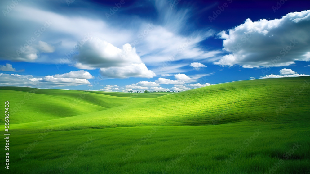 Green lush fresh spring landscape background wallpaper background illustration design with hills, blue sky, clouds. AI generated illustration. Green lush fresh spring landscape background wallpaper background illustration design with hills, blue sky, clouds. AI generated illustration.