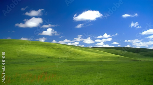  Green lush fresh spring landscape background wallpaper background illustration design with hills  blue sky  clouds. AI generated illustration.