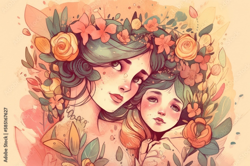 peach pink mother's day card. A young mother hugs her daughter. concept of a diverse family. generative AI peach pink mother's day card. A young mother hugs her daughter. concept of a diverse family. generative AI